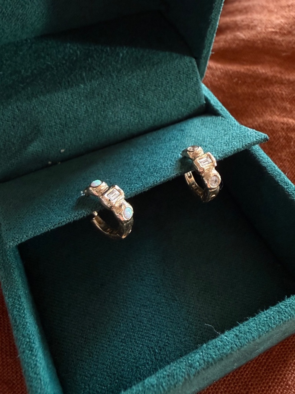 Pamela Love 14k diamond huggie / diamond opal earrings